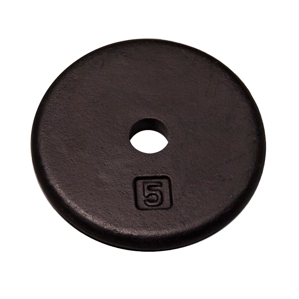 Black 5lb standard weight plate for free weight exercises, ideal for building muscle and perfecting body proportions.