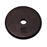 Black 5lb standard weight plate for free weight exercises, ideal for building muscle and perfecting body proportions.