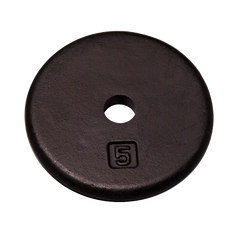 Black 5lb standard weight plate for free weight exercises, ideal for building muscle and perfecting body proportions.