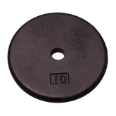 10 lb black standard weight plate for fitness training, ideal for building muscle strength and achieving symmetrical body proportions.