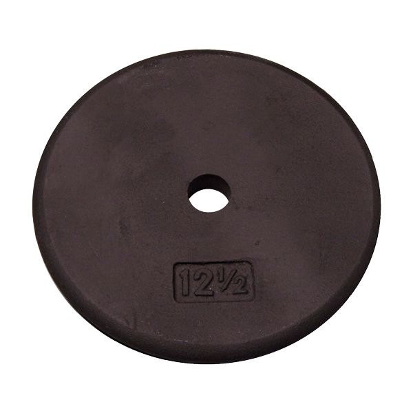 Black 12.5lb standard weight plate designed for effective strength training and muscle building.