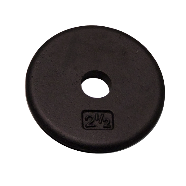 Black 2.5lb standard weight plate for strength training, designed for full muscle engagement and body shaping.