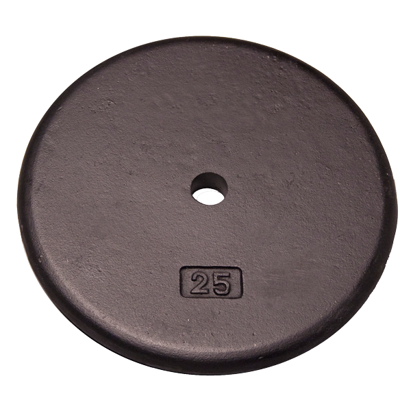 Black 25 lb standard weight plate designed for strength training and muscle building.