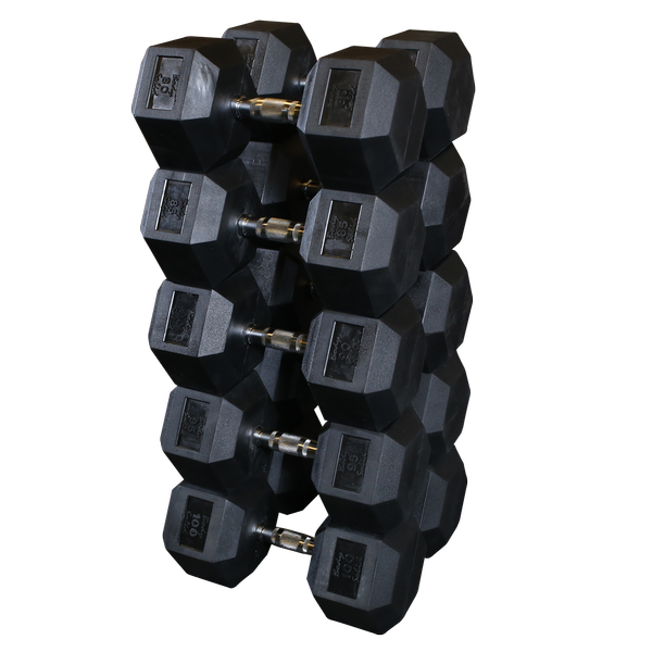 Rubber hex dumbbells pairs, 80-100lb, solid cast iron, anti-roll design, stylish and durable for weightlifting.