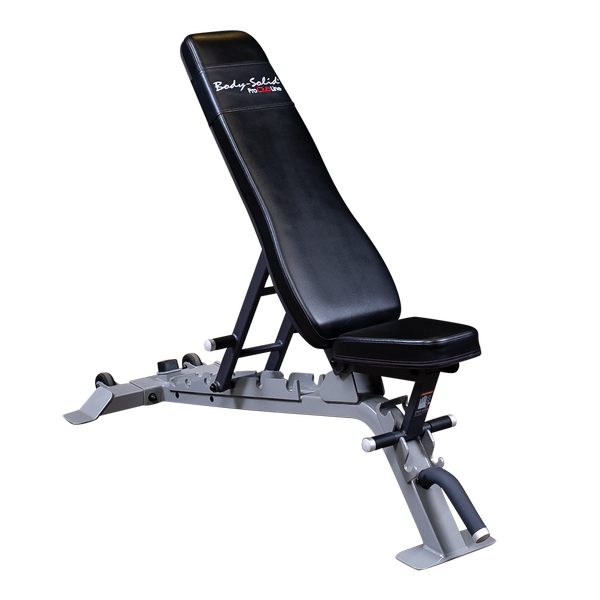 Body-Solid SFID325 Adjustable Bench, flat and incline settings, perfect for commercial and home use, sturdy silver frame.