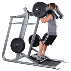 Man using PROCLUBLINE Leveraged Calf Squat machine for effective squats and calf workouts in gym.