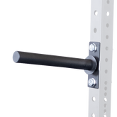 Weight plate horn for power rack mounted on a HEX Rig, designed for storing Olympic weight plates safely.