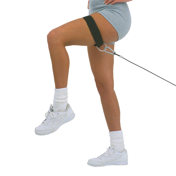 Woman using adjustable combo thigh/ankle strap for hip and thigh workouts, improving strength and conditioning.