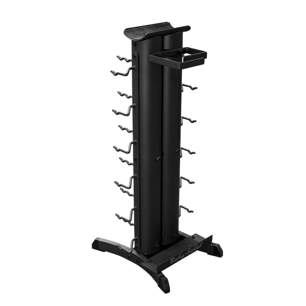 Accessory storage rack for home gym, designed to hold up to 36 items including straps and dumbbells, compact and efficient.
