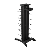 Accessory storage rack for home gym, designed to hold up to 36 items including straps and dumbbells, compact and efficient.
