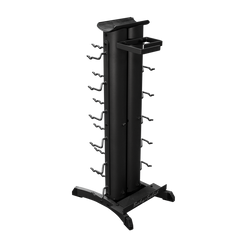 Accessory storage rack for home gym, designed to hold up to 36 items including straps and dumbbells, compact and efficient.