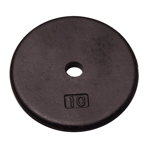 10 lb black standard weight plate for fitness training, ideal for building muscle strength and achieving symmetrical body proportions.