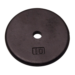 10 lb black standard weight plate for fitness training, ideal for building muscle strength and achieving symmetrical body proportions.
