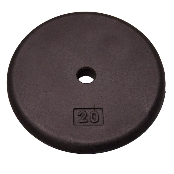 20lb black standard weight plate for free weight training, ideal for a full-body workout and muscle development.