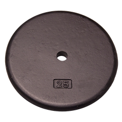 Black 25 lb standard weight plate designed for strength training and muscle building.