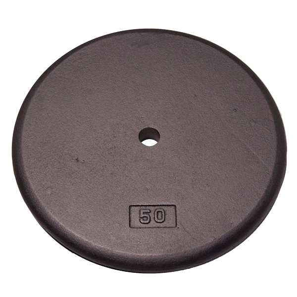 50 lb black standard weight plate for strength training, designed for effective muscle building and shaping.