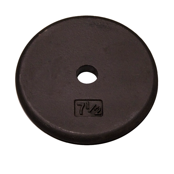 Black standard weight plate, 7.5lb, used for strength training and muscle building. Durable and versatile gym equipment.