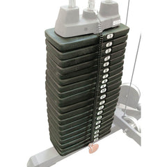 200 lb premium weight stack showing oversized plates, precision milled, designed for reliability and maintenance-free service.